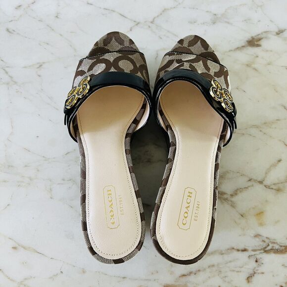 COACH Geri Black Brown Logo Print Canvas Wedge Heel Platform Sandals - US 8.5 - Picture 6 of 8